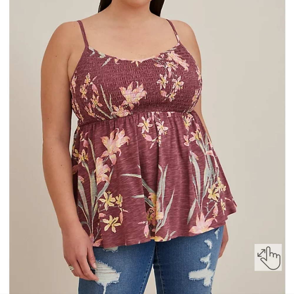 Torrid Smocked Babydoll Tank - Mesh Floral Dusty Red